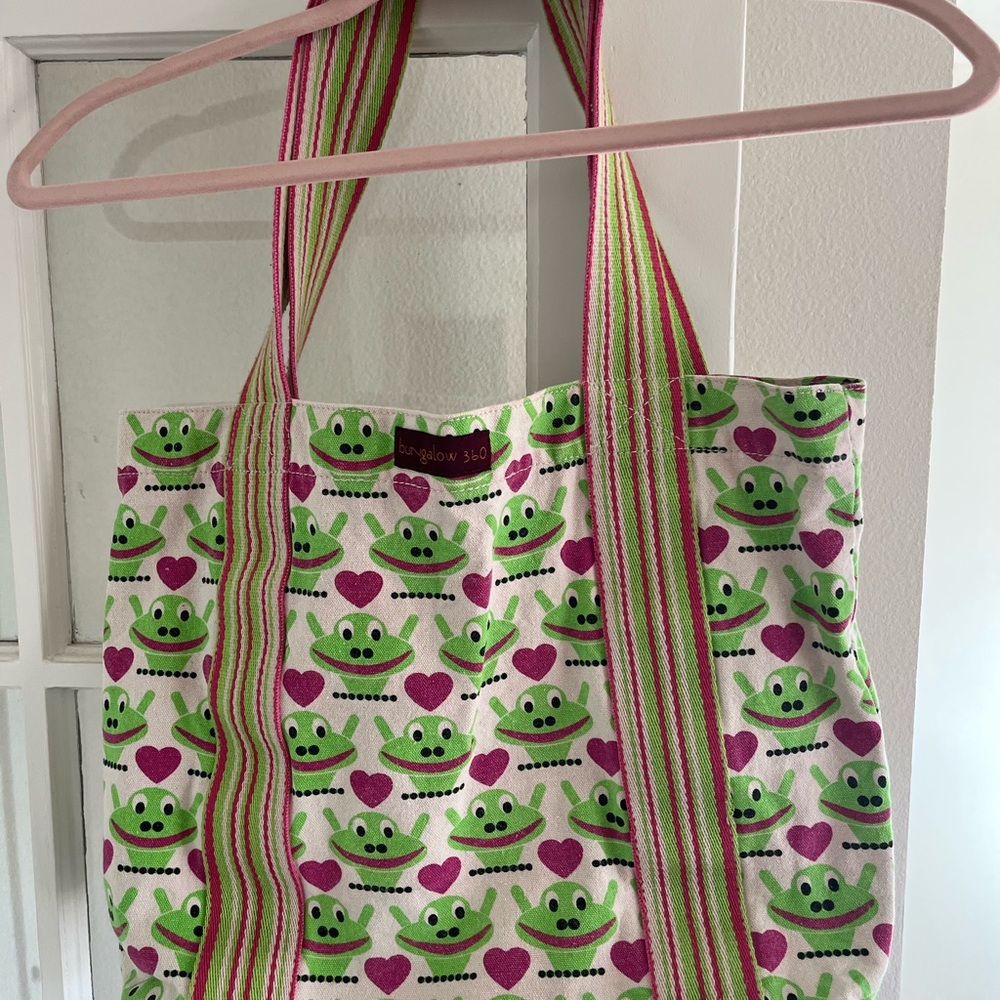 Playful Green and Pink Frog Pattern Tote Bag